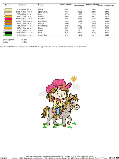 Cowgirl embroidery design - Baby girl with cowboy hat machine embroidery pattern - Girl with horse file - Instant digital download pes jef