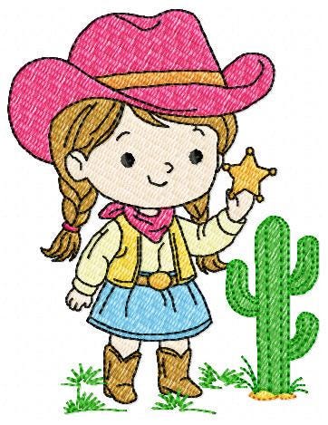 Cowgirl embroidery design - Baby girl with cowboy hat machine embroidery pattern - Girl with sheriff star file - Instant download pes jef