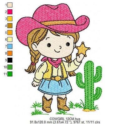 Cowgirl embroidery design - Baby girl with cowboy hat machine embroidery pattern - Girl with sheriff star file - Instant download pes jef