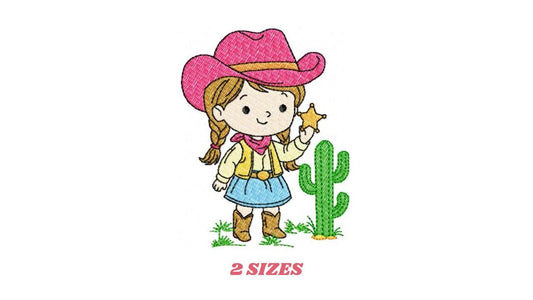 Cowgirl embroidery design - Baby girl with cowboy hat machine embroidery pattern - Girl with sheriff star file - Instant download pes jef