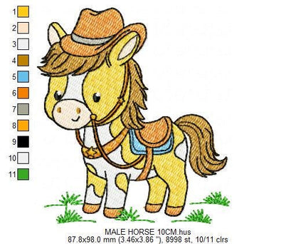 Horse embroidery design - Baby Boy Farm Pony with cowboy hat machine embroidery pattern - Horse with Cowboy hat - Instant download pes jef