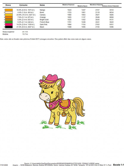 Horse embroidery design - Farm Pony with cowboy hat machine embroidery pattern - Baby Girl Cowgirl horse - Instant digital download pes jef