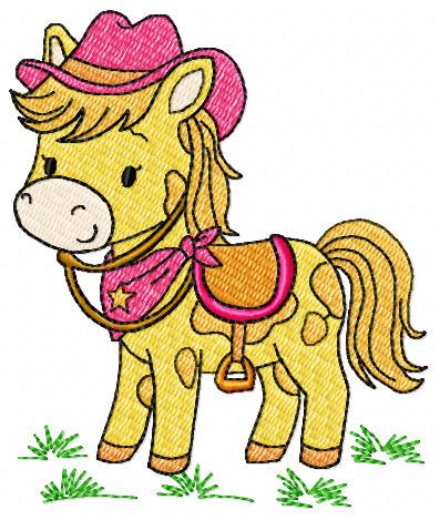 Horse embroidery design - Farm Pony with cowboy hat machine embroidery pattern - Baby Girl Cowgirl horse - Instant digital download pes jef