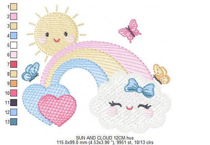 Rainbow embroidery design - Sun cloud and rainbow machine embroidery pattern - Baby girl file - Instant digital download pes jef dst hus vp3