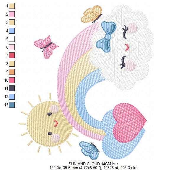 Rainbow embroidery design - Sun cloud and rainbow machine embroidery pattern - Baby girl file - Instant digital download pes jef dst hus vp3