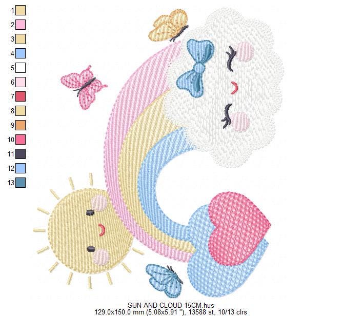 Rainbow embroidery design - Sun cloud and rainbow machine embroidery pattern - Baby girl file - Instant digital download pes jef dst hus vp3