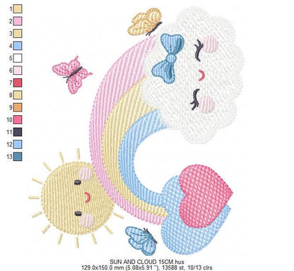 Rainbow embroidery design - Sun cloud and rainbow machine embroidery pattern - Baby girl file - Instant digital download pes jef dst hus vp3