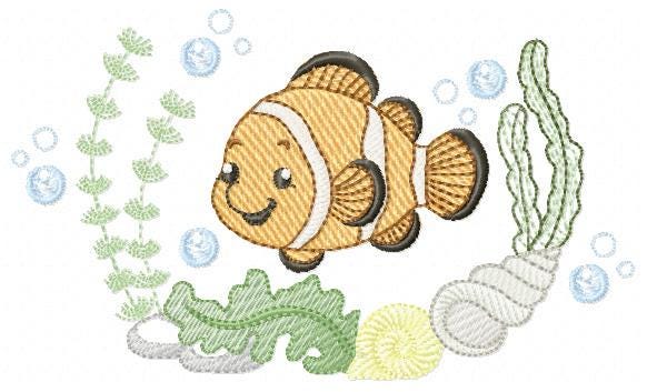 Clown Fish embroidery designs - Ocean animals machine pattern - Orange Fish with shells bubbles and algae - Instant download pes jef dst hus