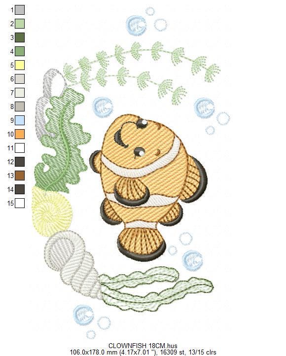 Clown Fish embroidery designs - Ocean animals machine pattern - Orange Fish with shells bubbles and algae - Instant download pes jef dst hus