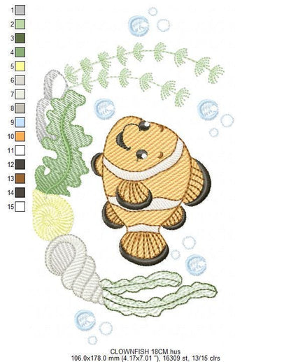 Clown Fish embroidery designs - Ocean animals machine pattern - Orange Fish with shells bubbles and algae - Instant download pes jef dst hus