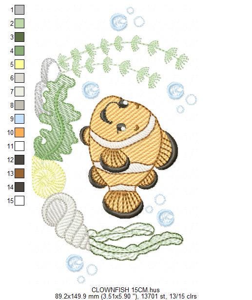Clown Fish embroidery designs - Ocean animals machine pattern - Orange Fish with shells bubbles and algae - Instant download pes jef dst hus