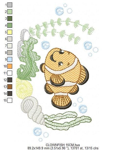 Clown Fish embroidery designs - Ocean animals machine pattern - Orange Fish with shells bubbles and algae - Instant download pes jef dst hus