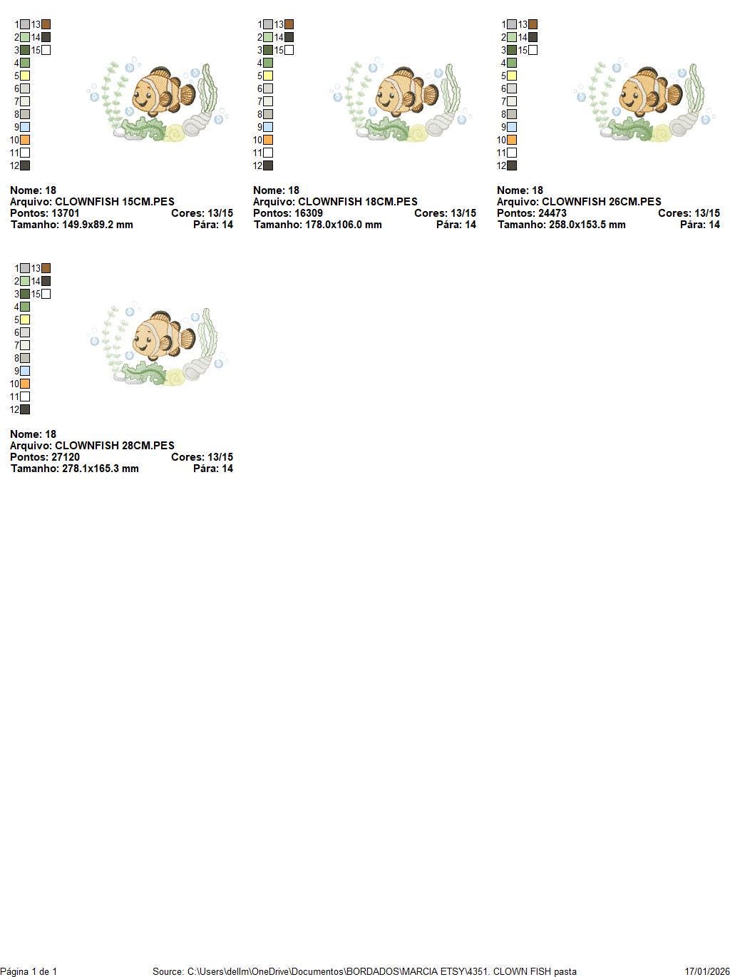 Clown Fish embroidery designs - Ocean animals machine pattern - Orange Fish with shells bubbles and algae - Instant download pes jef dst hus