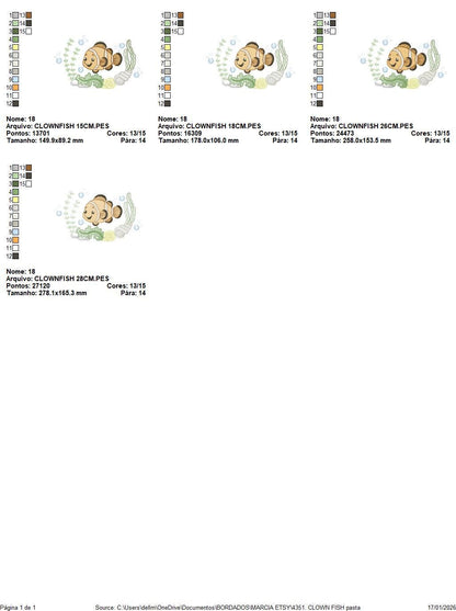 Clown Fish embroidery designs - Ocean animals machine pattern - Orange Fish with shells bubbles and algae - Instant download pes jef dst hus