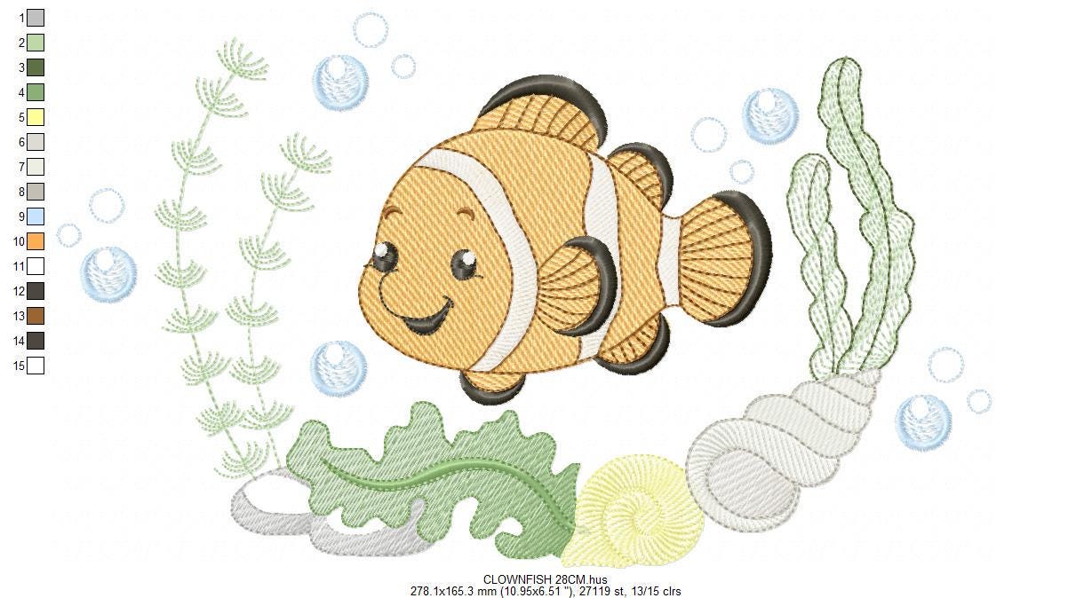Clown Fish embroidery designs - Ocean animals machine pattern - Orange Fish with shells bubbles and algae - Instant download pes jef dst hus