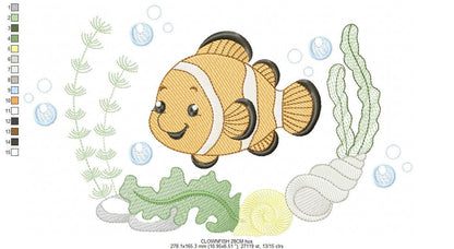 Clown Fish embroidery designs - Ocean animals machine pattern - Orange Fish with shells bubbles and algae - Instant download pes jef dst hus