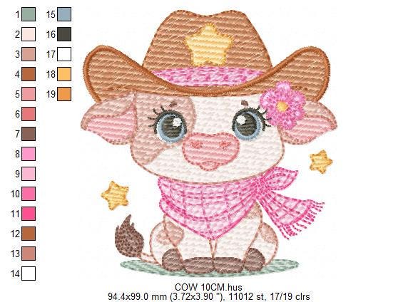 Cow with cowboy hat and flower embroidery design - Baby Girl Farm Animal Ranch machine embroidery pattern - Instant digital download pes jef
