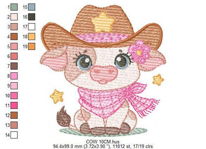 Cow with cowboy hat and flower embroidery design - Baby Girl Farm Animal Ranch machine embroidery pattern - Instant digital download pes jef
