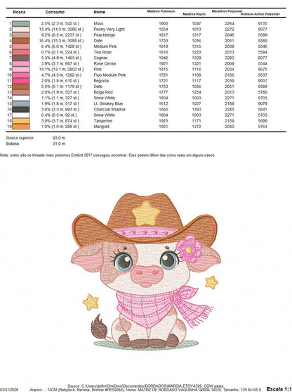 Cow with cowboy hat and flower embroidery design - Baby Girl Farm Animal Ranch machine embroidery pattern - Instant digital download pes jef