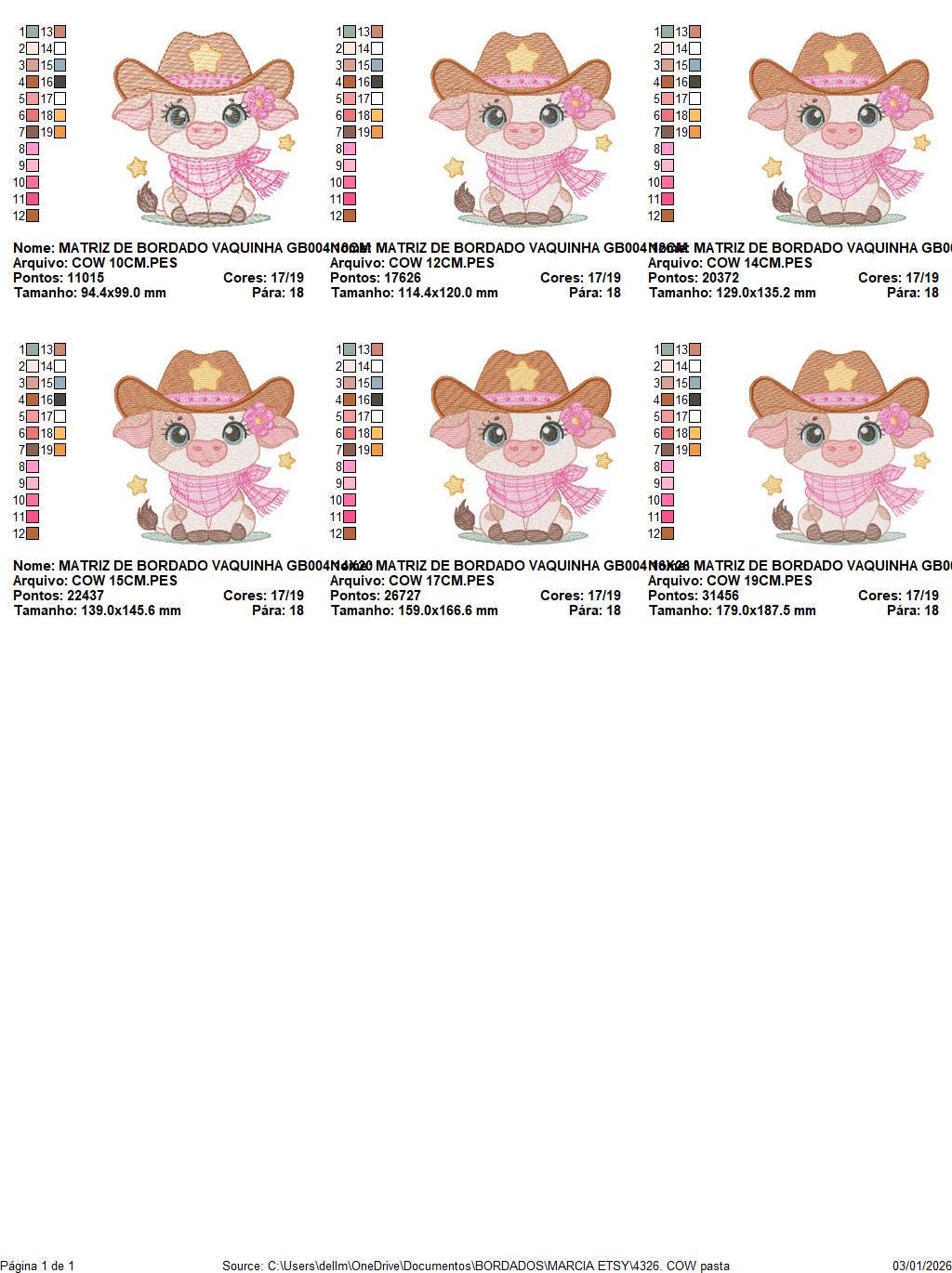 Cow with cowboy hat and flower embroidery design - Baby Girl Farm Animal Ranch machine embroidery pattern - Instant digital download pes jef