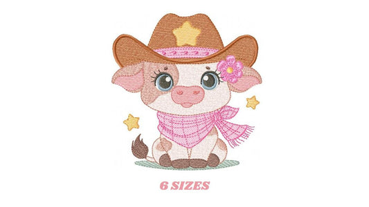 Cow with cowboy hat and flower embroidery design - Baby Girl Farm Animal Ranch machine embroidery pattern - Instant digital download pes jef