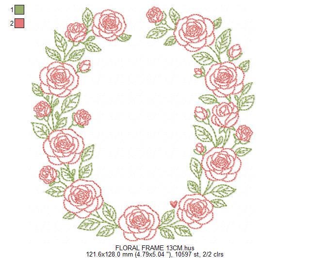 Flower Wreath embroidery designs - Floral Roses Frame machine embroidery pattern - Kitchen Tea Towel file - Instant digital download pes jef