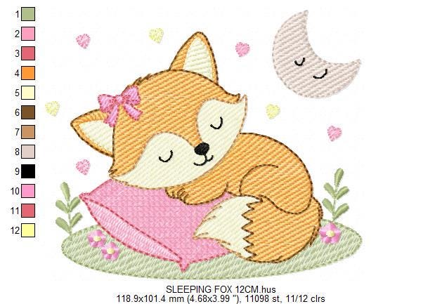Sleeping Red Fox embroidery designs - Woodland animal with moon and flowers machine embroidery pattern - Baby girl file - Instant download