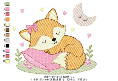 Sleeping Red Fox embroidery designs - Woodland animal with moon and flowers machine embroidery pattern - Baby girl file - Instant download