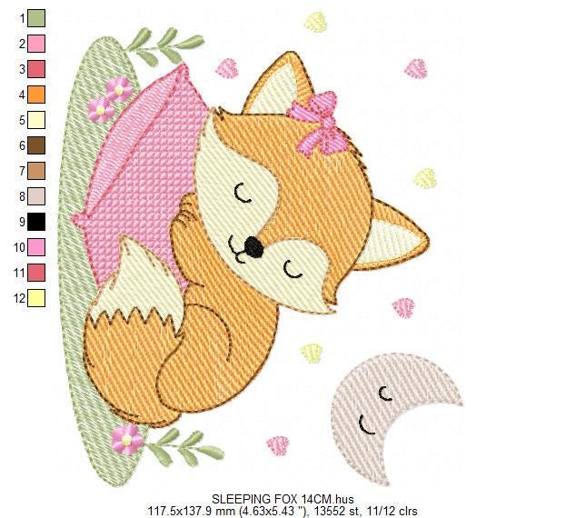Sleeping Red Fox embroidery designs - Woodland animal with moon and flowers machine embroidery pattern - Baby girl file - Instant download