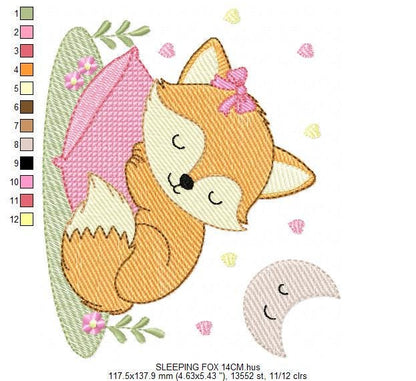 Sleeping Red Fox embroidery designs - Woodland animal with moon and flowers machine embroidery pattern - Baby girl file - Instant download