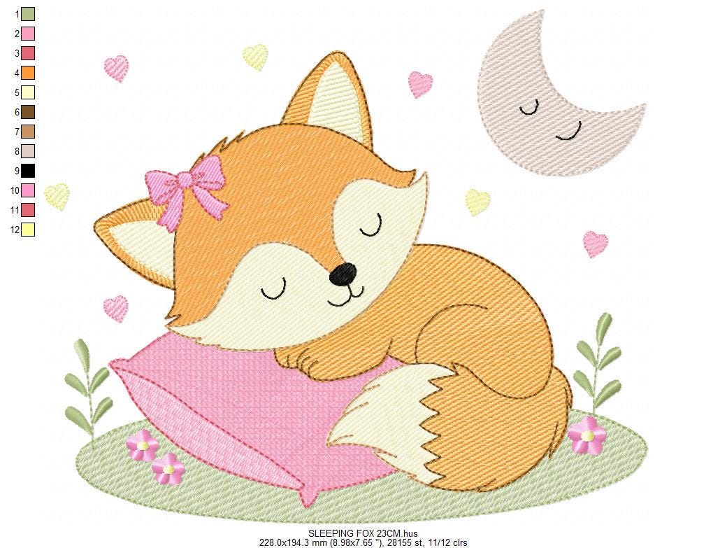 Sleeping Red Fox embroidery designs - Woodland animal with moon and flowers machine embroidery pattern - Baby girl file - Instant download