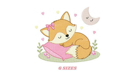 Sleeping Red Fox embroidery designs - Woodland animal with moon and flowers machine embroidery pattern - Baby girl file - Instant download