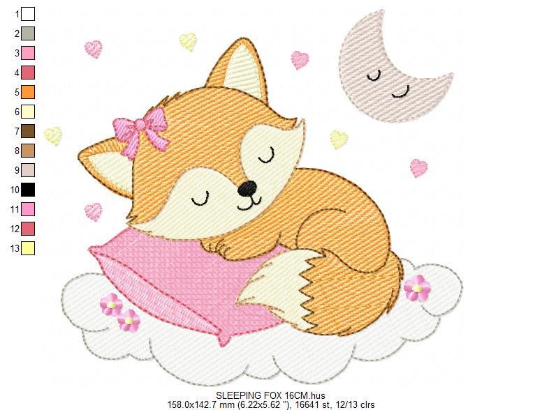 Sleeping Red Fox embroidery designs - Woodland animal with pillow and moon machine embroidery pattern - Baby girl file - Instant download
