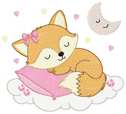 Sleeping Red Fox embroidery designs - Woodland animal with pillow and moon machine embroidery pattern - Baby girl file - Instant download
