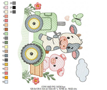 Cow with pig driving tractor embroidery design - Farm Animal machine embroidery pattern - Baby girl and boy file - Instant digital download