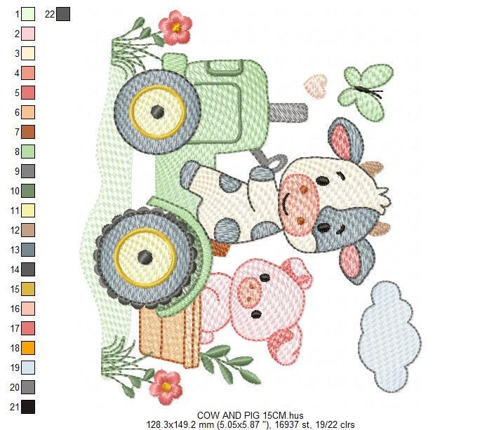 Cow with pig driving tractor embroidery design - Farm Animal machine embroidery pattern - Baby girl and boy file - Instant digital download