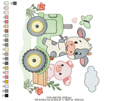 Cow with pig driving tractor embroidery design - Farm Animal machine embroidery pattern - Baby girl and boy file - Instant digital download