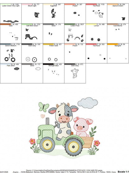 Cow with pig driving tractor embroidery design - Farm Animal machine embroidery pattern - Baby girl and boy file - Instant digital download