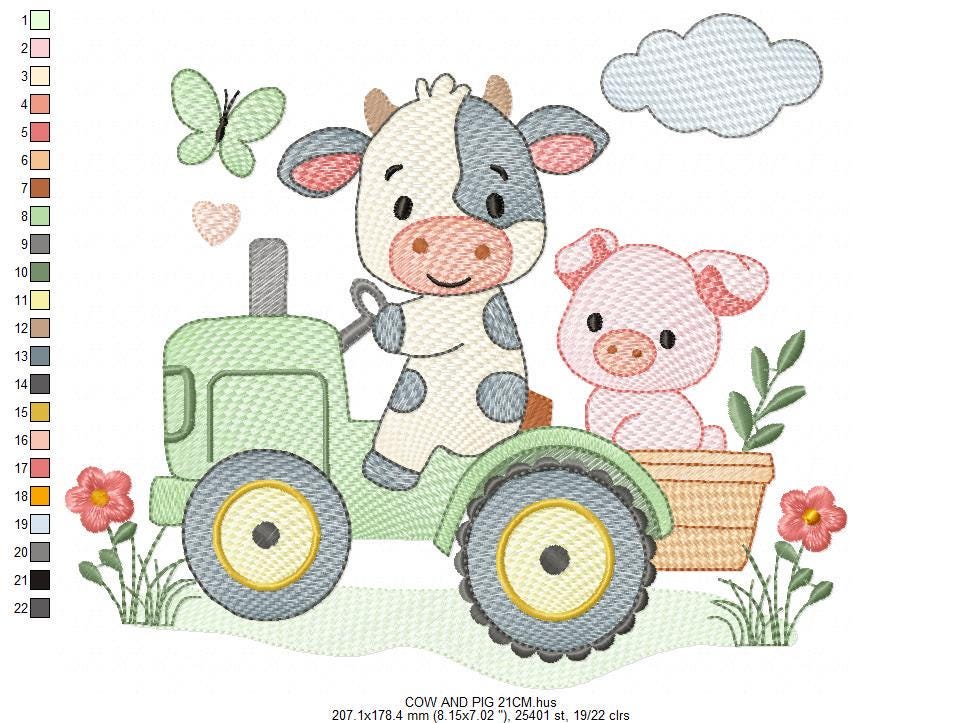 Cow with pig driving tractor embroidery design - Farm Animal machine embroidery pattern - Baby girl and boy file - Instant digital download