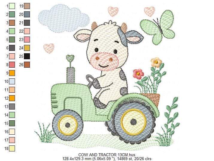 Cow driving tractor embroidery design - Farm Animal machine embroidery pattern - Baby girl and boy file - Instant digital download pes jef