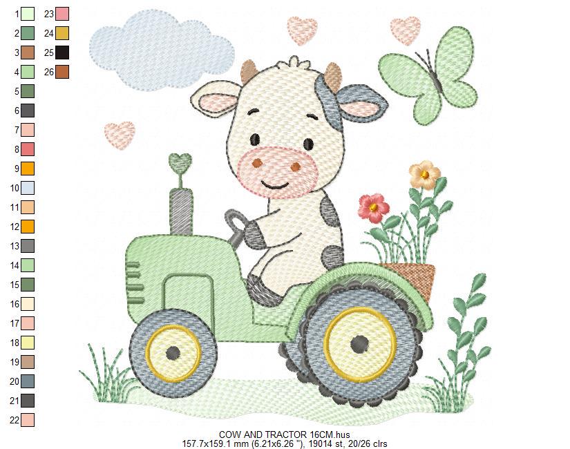 Cow driving tractor embroidery design - Farm Animal machine embroidery pattern - Baby girl and boy file - Instant digital download pes jef