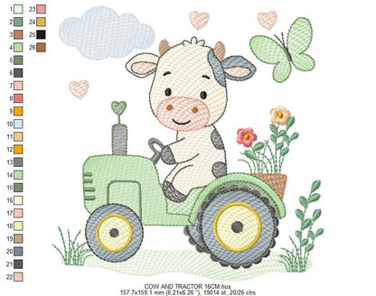 Cow driving tractor embroidery design - Farm Animal machine embroidery pattern - Baby girl and boy file - Instant digital download pes jef