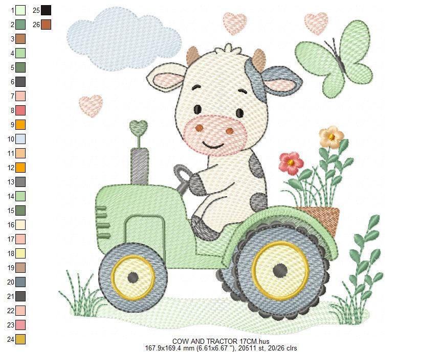 Cow driving tractor embroidery design - Farm Animal machine embroidery pattern - Baby girl and boy file - Instant digital download pes jef