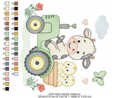 Cow with chickens driving tractor embroidery design - Farm Animal machine embroidery pattern - Baby girl and boy file - Instant download pes