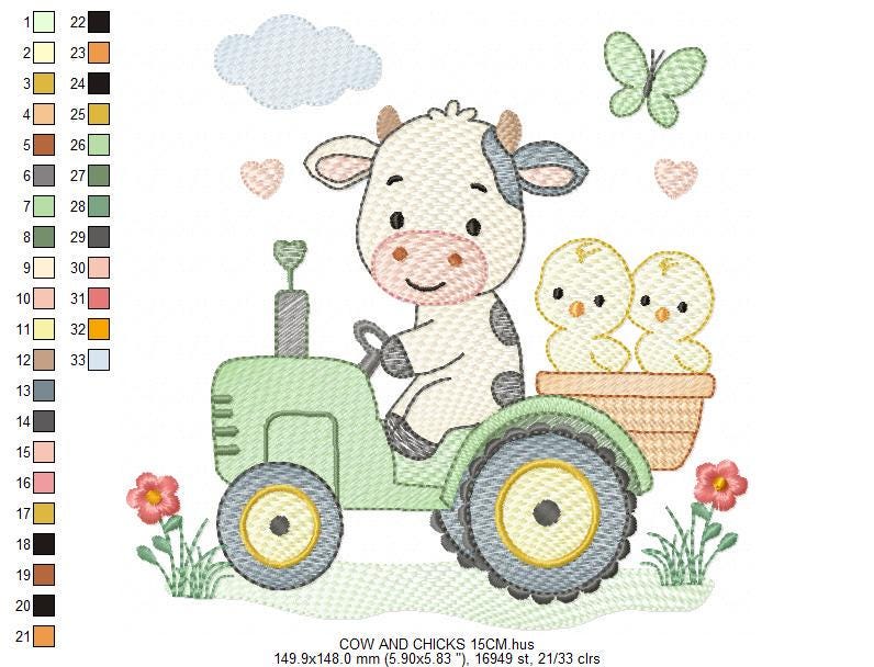 Cow with chickens driving tractor embroidery design - Farm Animal machine embroidery pattern - Baby girl and boy file - Instant download pes