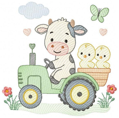 Cow with chickens driving tractor embroidery design - Farm Animal machine embroidery pattern - Baby girl and boy file - Instant download pes