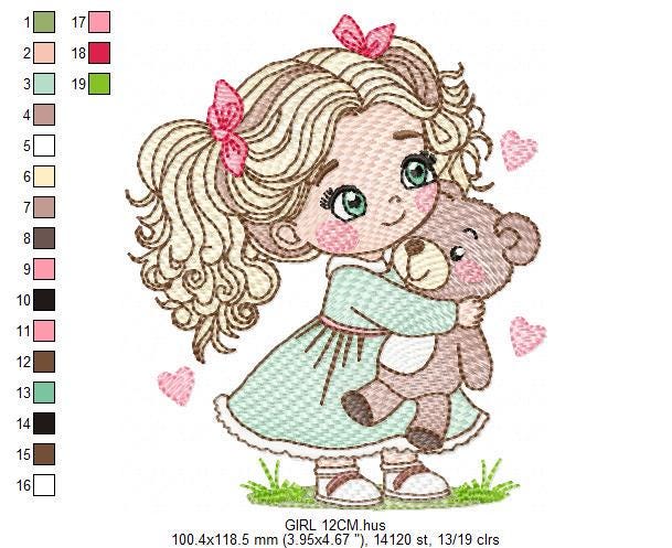 Princess embroidery designs - Girl with blonde wavy hair and teddy bear machine embroidery pattern - Girl with pink lace - Instant download