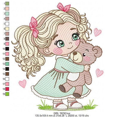 Princess embroidery designs - Girl with blonde wavy hair and teddy bear machine embroidery pattern - Girl with pink lace - Instant download