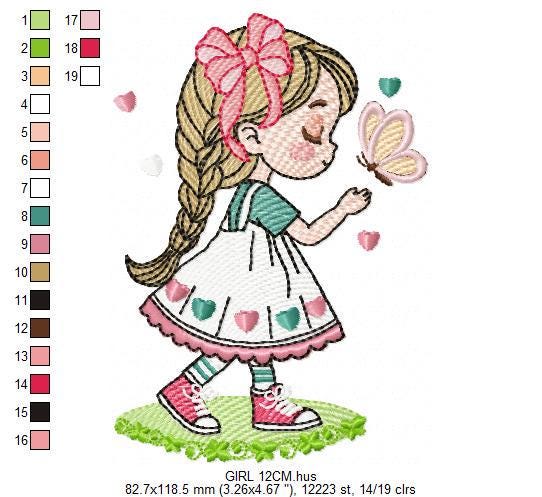 Baby girl embroidery designs - Girl with long hair braid machine embroidery pattern - Princess with butterfly file - Instant download pes