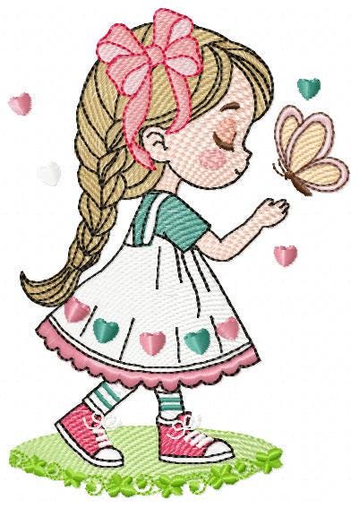Baby girl embroidery designs - Girl with long hair braid machine embroidery pattern - Princess with butterfly file - Instant download pes